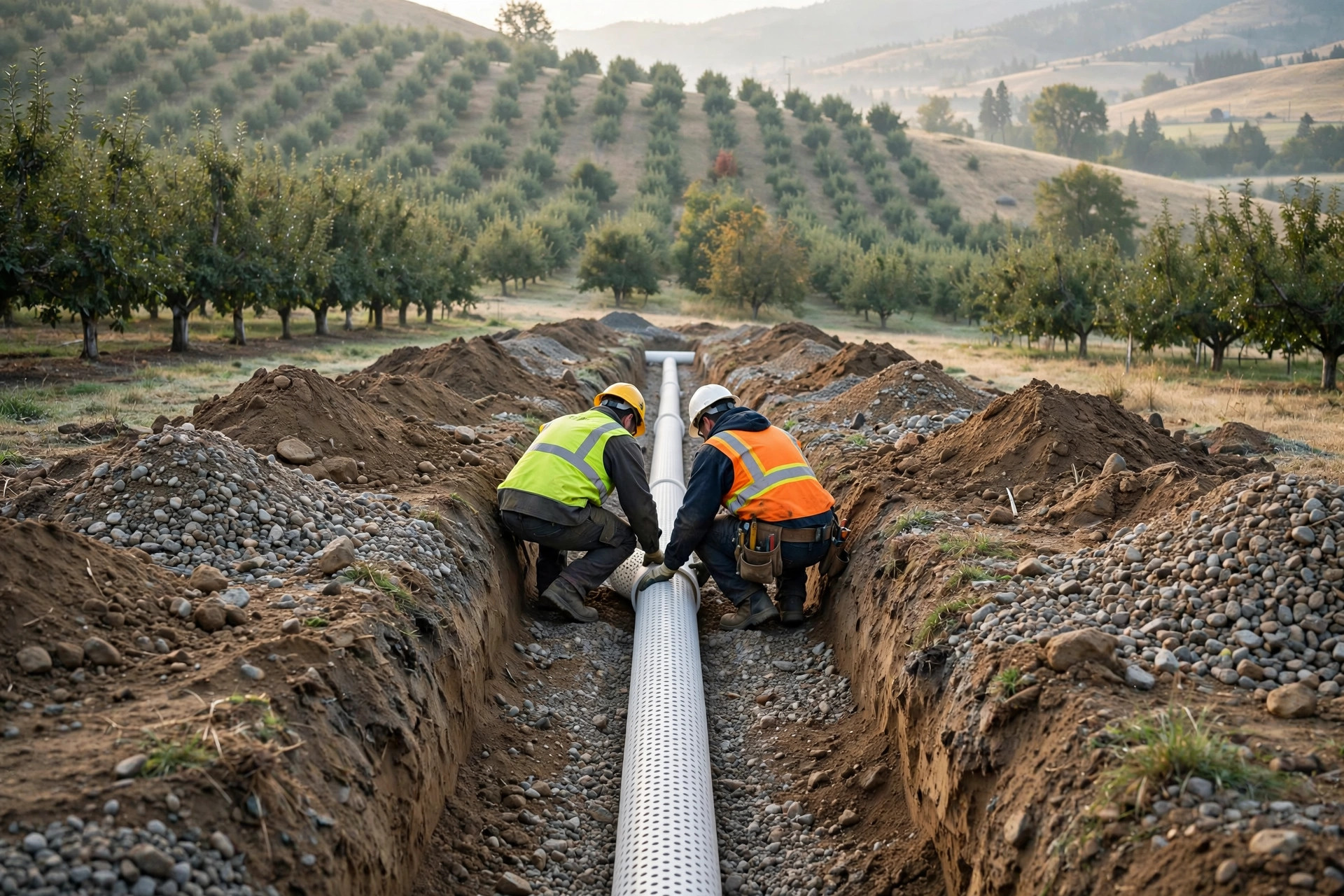 Technicians installing drain-field pipe in a gravel trench
